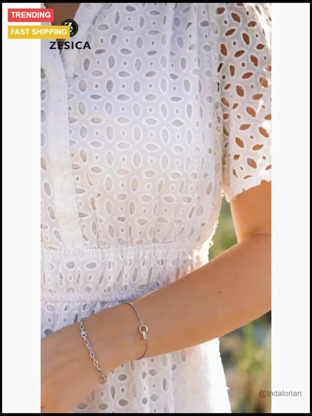 V Neck Short Sleeve Hollow Out Eyelet Ruffle Swing Maxi Dress with Pockets - Picture 7 of 7